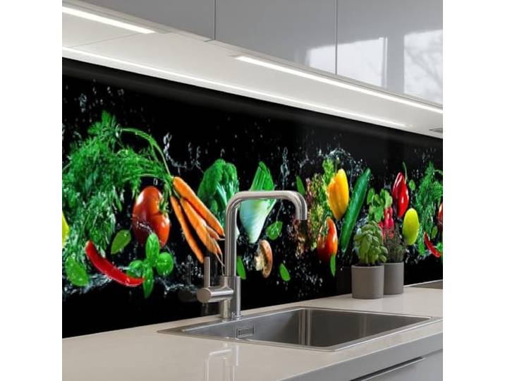 KitchenYeah© Küchenrückwand Selbstklebend Küchenspritzschutz Rückwand 60x500 cm - Wandschutz Ohne Bohren Spritzschutz Wand Wandverkleidung Gemüse - Spritzer - Schwarz