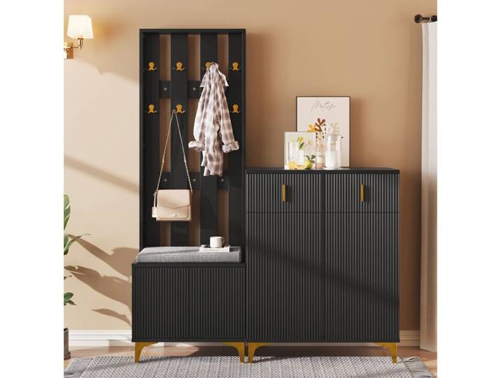 VUENOR Ensemble d'entrée noir avec meuble à chaussures panneau porte-manteaux et coussin
