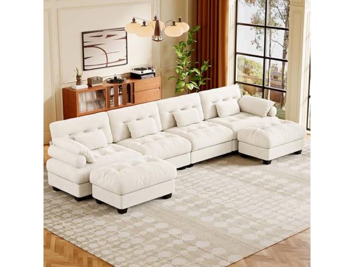 Vipbear U-Form Cloud Ecksofa Sofa Couch,6 Siter Modernes Modulares Sektionssofa Sofa mit 2 Ottomanes und Armlehnen/Dekokissen,Sofa mit Schlaffunktion für Wohnzimmer Schlafzimmer,Chenillestoff,Weiß