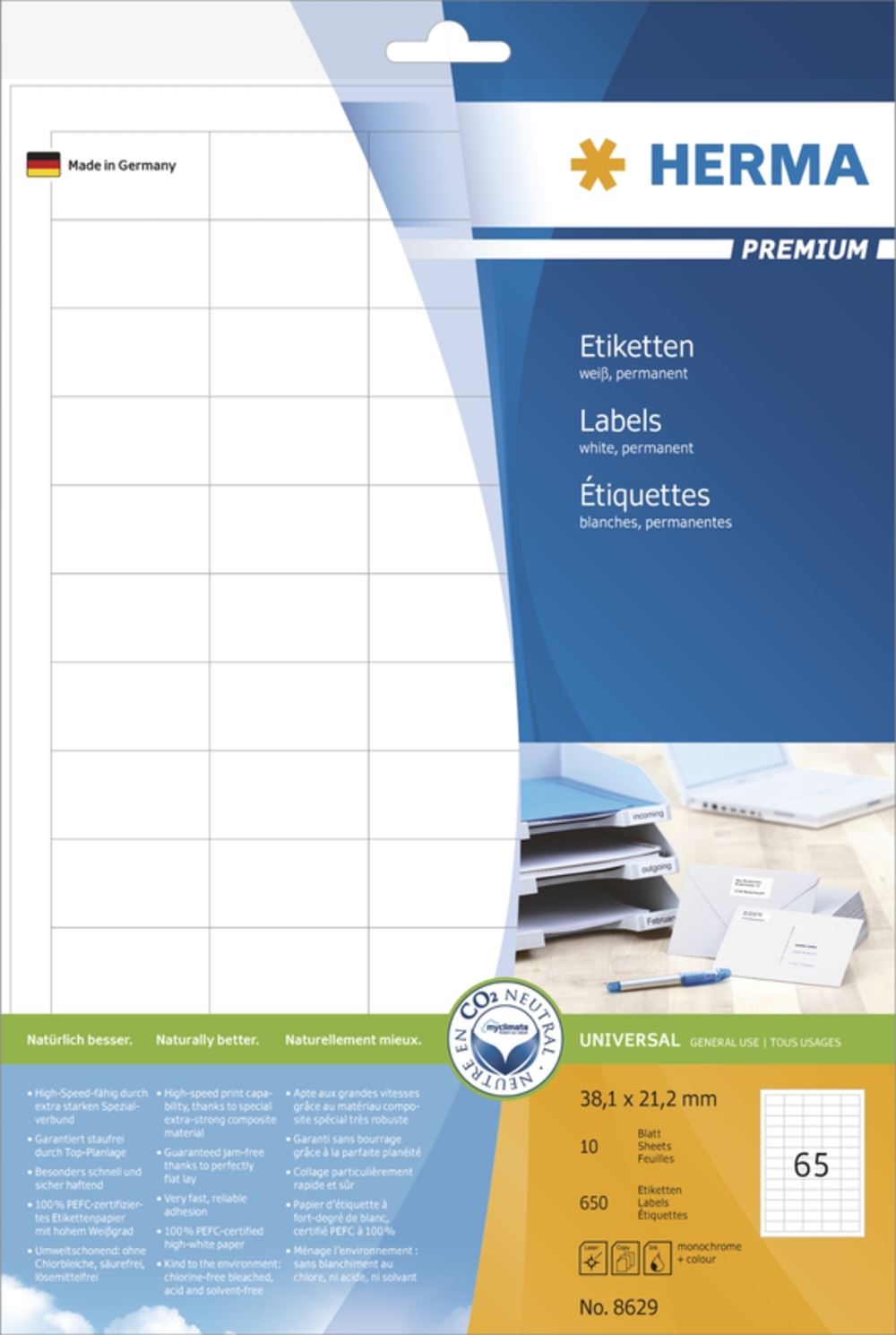 Herma 8629 Premium Universal-Etiketten 3.8x2.12 cm (10 Blatt (650 Etiketten))