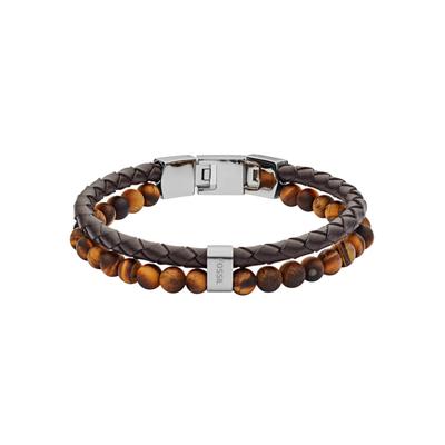 Armband FOSSIL "Schmuck Geschenk Edelstahl Leder VINTAGE CASUAL", braun (edelstahlfarben, braun, braun), Armbänder, Damen, Edelstahl Leder, Edelstahl, Leder, Armband, mit Tigerauge