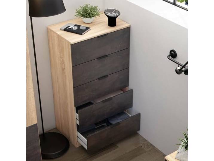 Dmora - Mesquite-Kommode, Kommode mit 5 Schubladen, Kommode für das Schlafzimmer, moderne Kommode, 60x40h110 cm, Eiche und Anthrazit