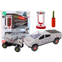 Set aus modernem Auto mit Quad zum Zerlegen zum Selbermachen, Grau