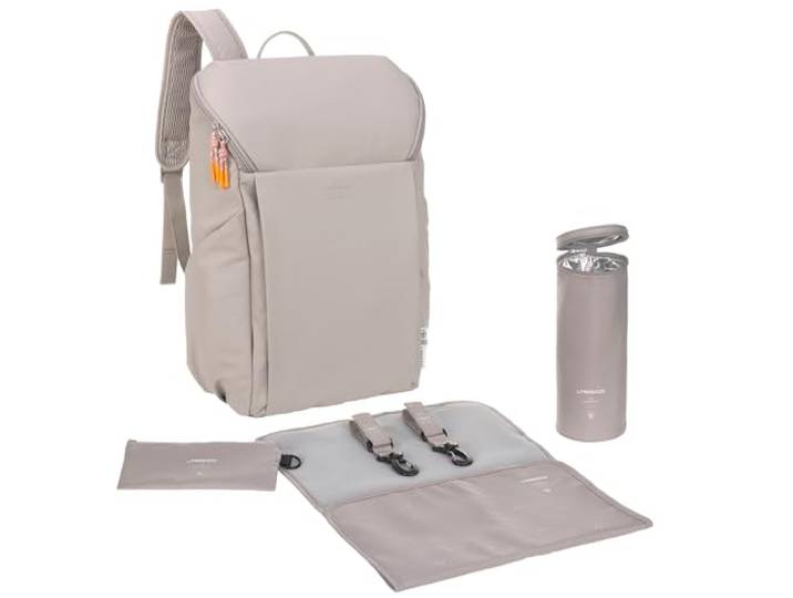 LÄSSIG Baby Wickelrucksack mit Wickelunterlage, Kinderwagenbefestigung und Flaschenhalter/GRE Slender Up Backpack taupe