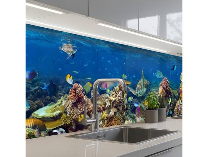 KitchenYeah© Spritzschutz Küche Küchen Rückwand Küchendeko Wand Wandschutz 80x500 cm - Selbstklebend Backsplash Kitchen Peel And Stick Unterwasserlandschaft - Fische - Schildkröte - Blau