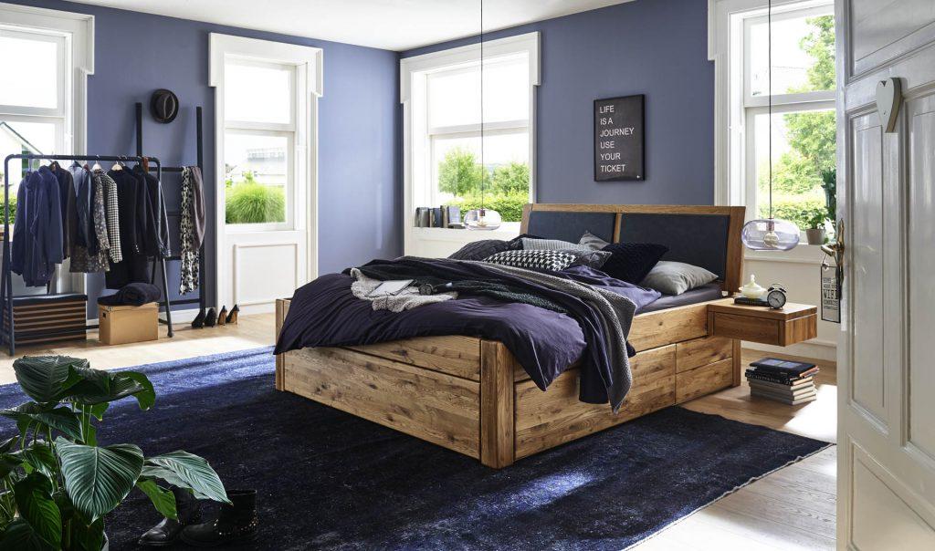 Bett Horsens Sonderl. 140x210 Sonderhöhe Wildeiche Kopfteil Schubkasten Blenden