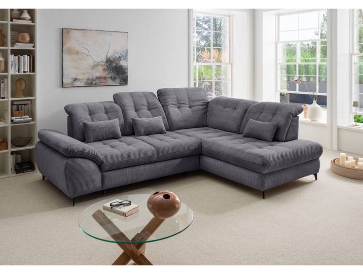 Ecksofa GOODPRODUCT Delphino modern & bequem, Multifunktionen: Bettfunktion, 288cm , grau (silber, zierkissen silber), B:255cm H:94cm T:216cm, 93% Polyester, 7% Polyamid, Sofas, Ecksofa, zwei verschiedene Fussfarben wählbar