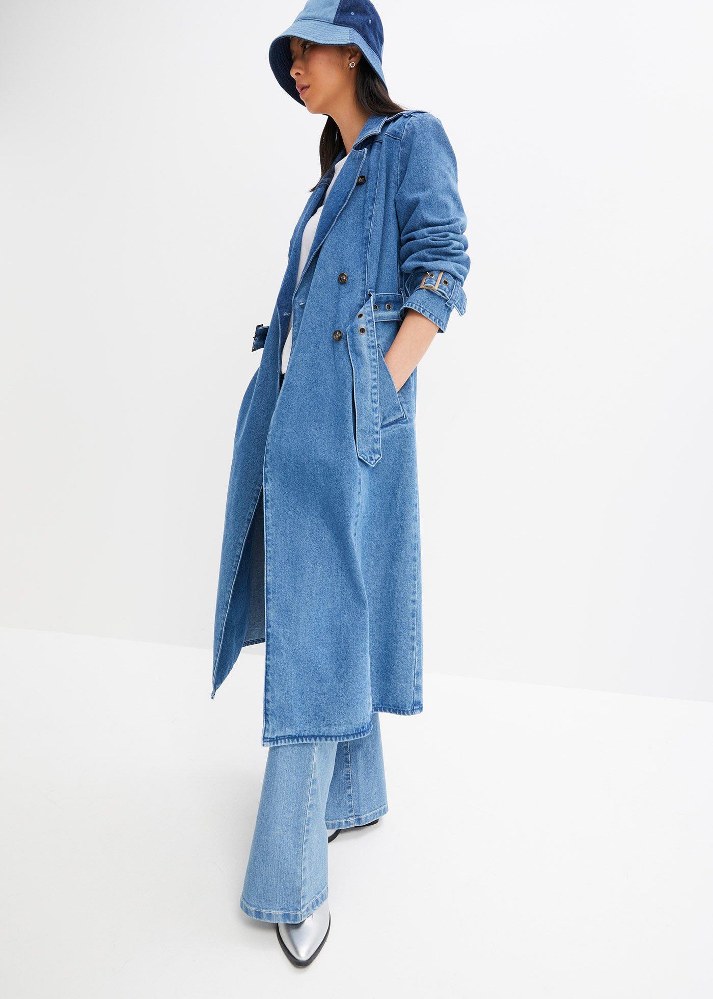 bonprix Denim Trenchcoat, blau, Gr.36, Trendy Denim Trenchcoat mit Gürtel, aus 100% Baumwolle