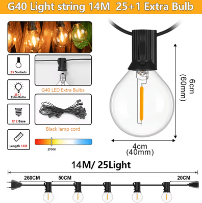Inspire Curations Outdoor Waterproof G40 LED String Lights With Shatterproof Bulbs 14m 25bulbs 220v eu Plug