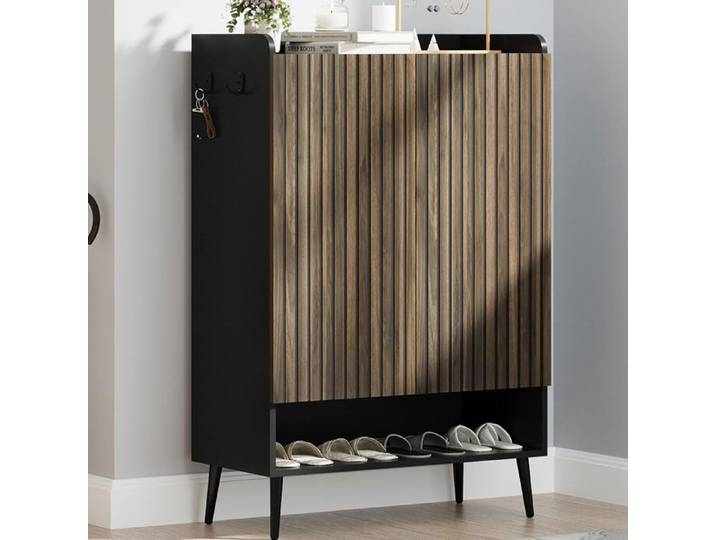 Meuble à Chaussures à Portes Armoire à Chaussures 6 Niveaux Grand Range-Chaussures Commode à Chaussures Noir et bois naturel