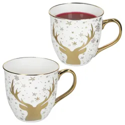2er Set Jumbobecher 450 ml Porzellan Hirsch Weiß Gold Tee-Tasse Kaffee Glühwein