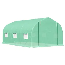 OKWISH Foliengewächshaus Polyethylen Grün 450x300x205 cm, begehbar, mit Rolltür, Fenstern und verzinktem Stahlrahmen