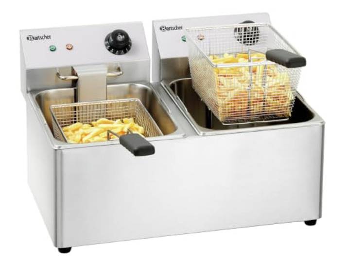Bartscher Fritteuse SNACK IV – Elektro-Tischgerät mit 2 Becken à 8 l, Edelstahl, manuelle Temperaturregelung, für Gastronomie, silbergrau