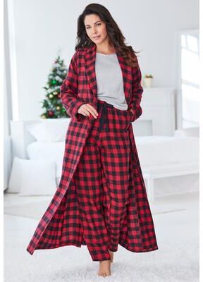 Plus Size Women's Long Flannel Robe by Dreams & Co. in Red Buffalo Check (Size 1X)