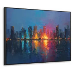 LEINWAND Bilder mit Rahmen - Skyline - Pinselstriche - Dunkelblau - Leuchtend - 80x60