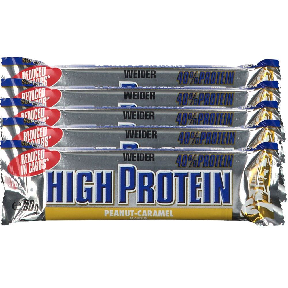Weider 40 % High Protein Low Carb, Erdnuss-Karamell, Riegel 5x50 g
