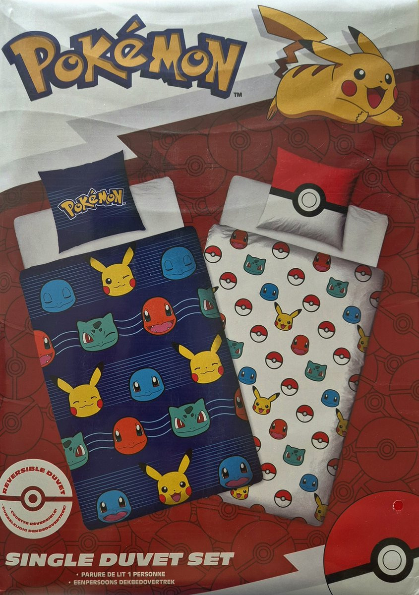 Pokemon Dubbelzijdig Dekbedovertrek met Kussensloop voor Kinderen, 140 x 200 cm