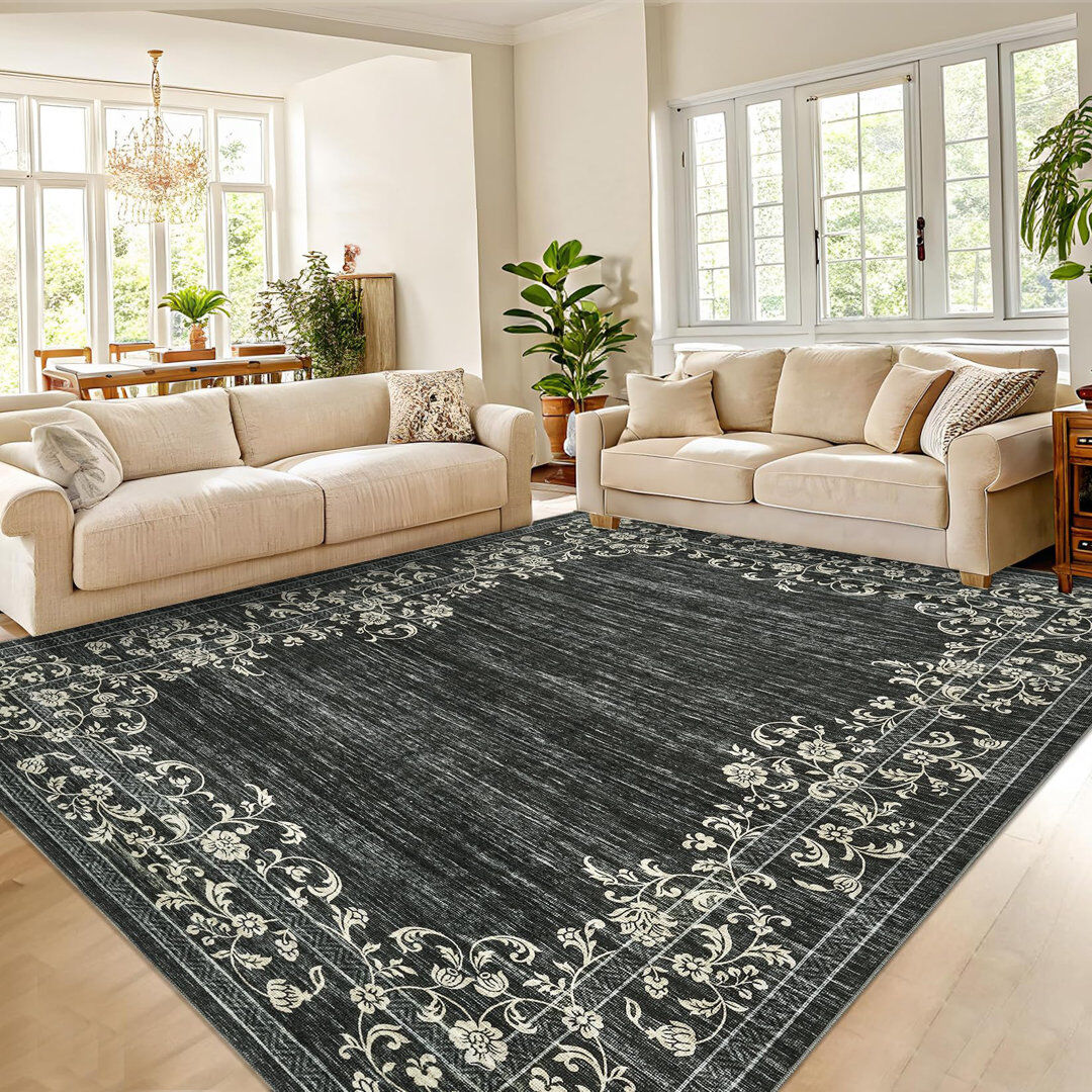 Lily Manor Floral Area Rug Black Rectangle 160 x 230 cm