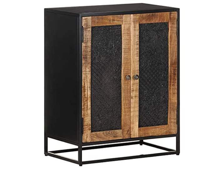 XHNIFBN Sideboard 60x35x75 cm Raues Mangoholz Schrank Fertig montierter Beistellschrank im Industrial-Stil mit 2 geschnitzten Türen für Flur und Wohnzimmer.