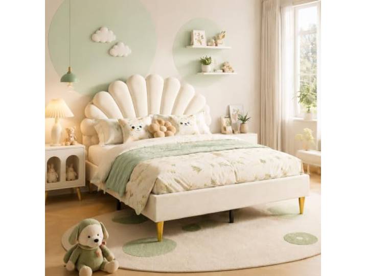 DAHUEN Kinderbett 140x200 für Mädchen, Polsterbett mit Blüten-Kopfteil und LED-Beleuchtung, Prinzessinnenbett aus Samt mit Lattenrost, Jugendbett Beige