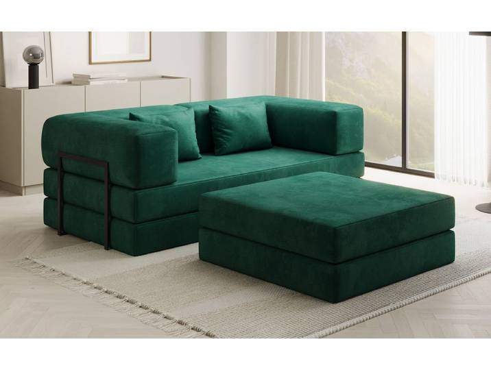 Lazy Spar-Set: 3-Sitzer + Hocker in Samt - Grün - Samt - Luxusbetten24