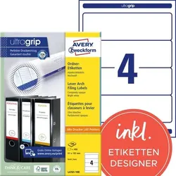 AVERY Zweckform ultragrip Ordneretiketten Haftend Breit L4761-100 DIN A4 6,1 x 19,2 cm Weiß 100 Blatt à 4 Etiketten