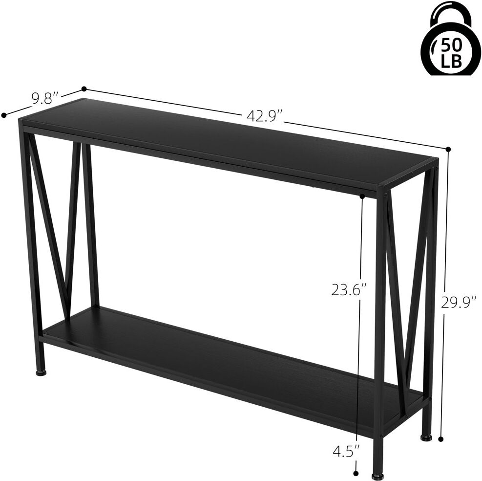 Borough Wharf 120x25x76cm Industrial Console Table with Shelf, Narrow Sofa Table Black