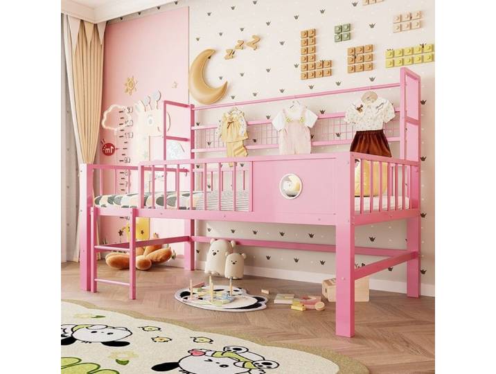 Lit enfant 90x200 cm cadre métal étagères bas lit superposé pour enfants adolescents rose