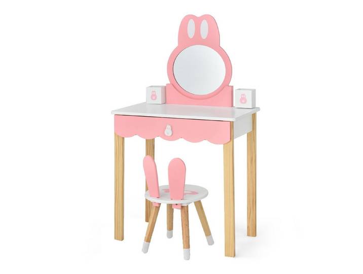 COSTWAY Schminktisch, Kinder, mit Hocker, Spiegel, Schublade&Aufbewahrungsbox
