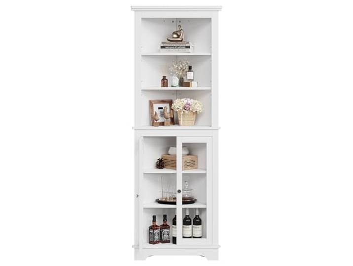 Garvee Vielseitige Eckvitrine im Landhausstil – Freistehender 5-stöckiger Schrank, 165 cm hoch, mit 3 verstellbaren Einlegeböden – Für Wohnzimmer, Küche, Esszimmer oder Bad – Weiß – Farbe: White