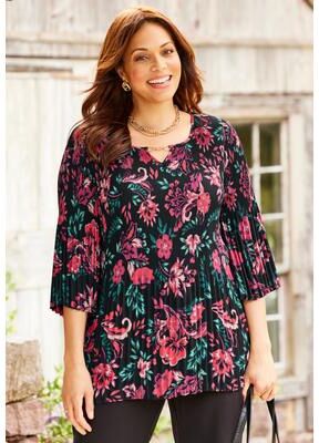 Plus Size Women's Affinity Chain Pleated Blouse by Catherines in Black Floral (Size 3XWP)