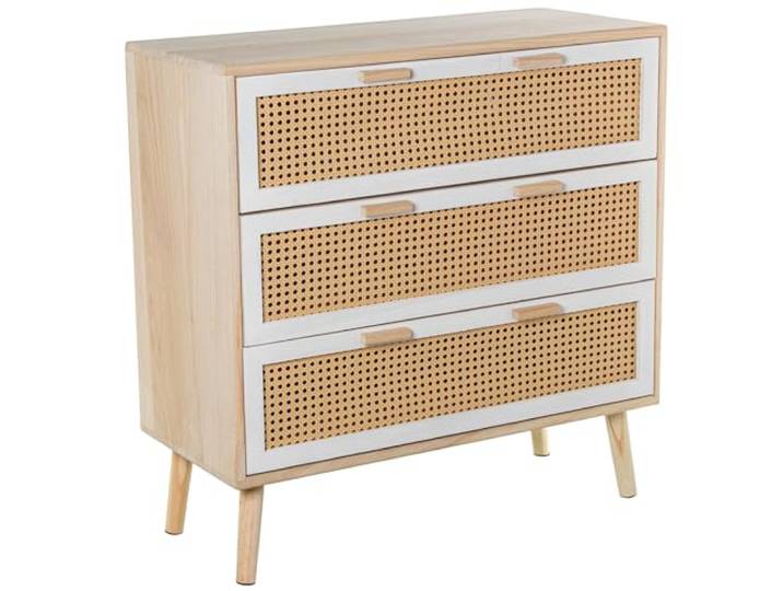 DRW Kommode mit 3 Schubladen aus MDF und natürlicher Weide, 80 x 35 x 81 cm