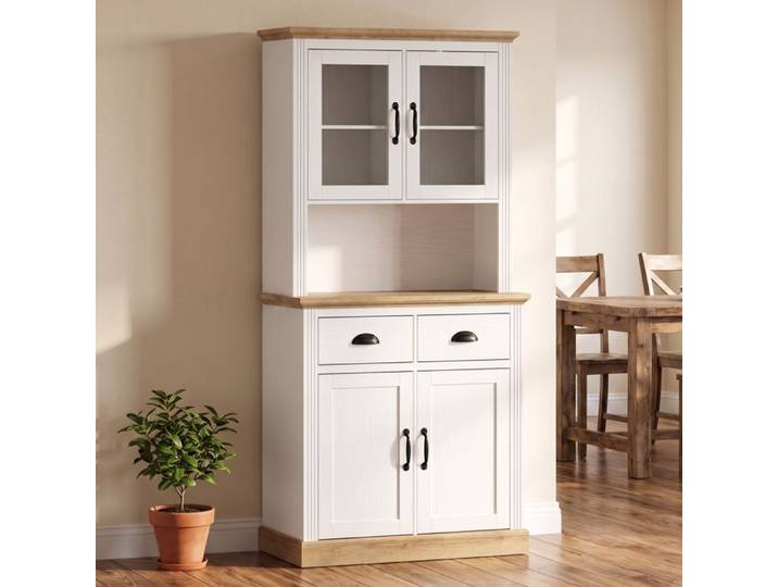Buffet Haut Cuisine Armoire Cuisine 4 Portes dont 2 en Verre 2 Tiroirs Plan de Travail Étagères Réglables Blanc