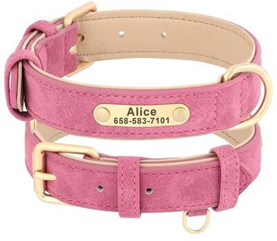 Uplift Essentials Personalized Custom Leather Dog Collar Handcrafted PU Leather With Free Engraved Nameplate rose xl