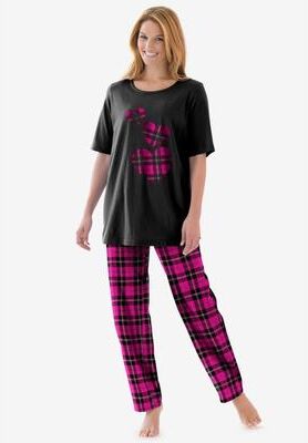 Plus Size Women's Graphic Tee Pure Cotton PJ Set by Dreams & Co. in Black Hearts (Size M) Pajamas