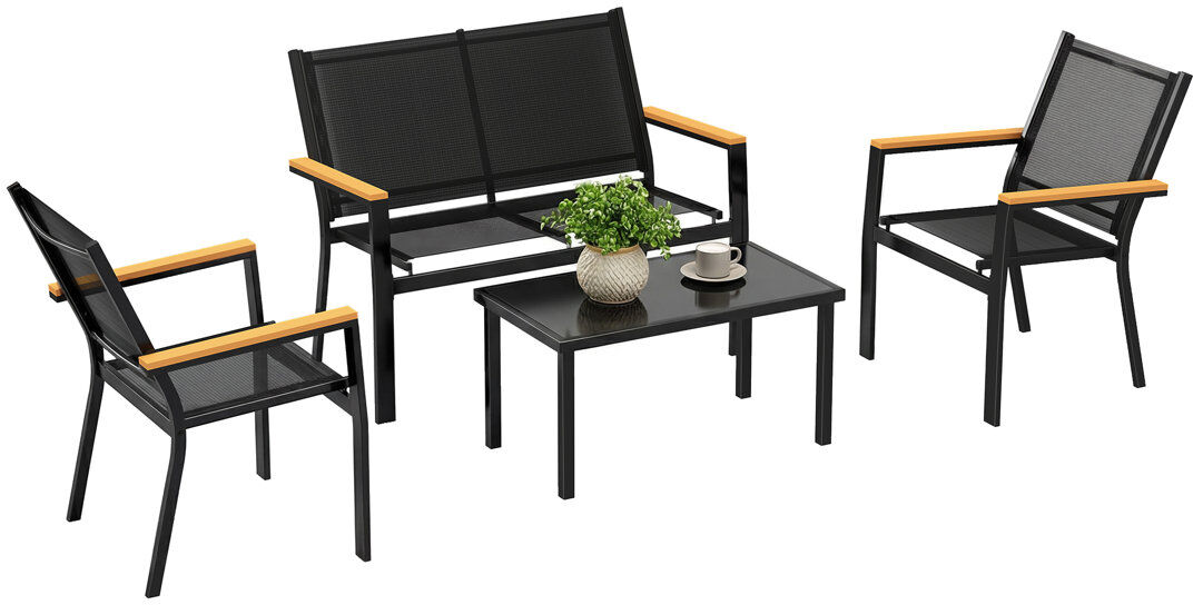 Outsunny 4 Seater Outdoor Garden Sofa with 2 Chairs and Coffee Table Black Black 4