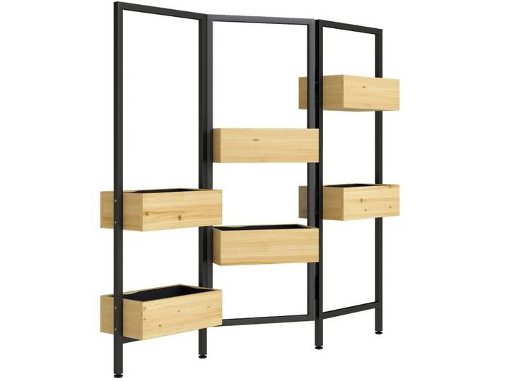 Modfu Raumteiler aus Metall und Holz mit 6 Pflanzkästen Klappbar, Schwarz, 20x112x116 cm, Gartenzubehör, Hochbeete