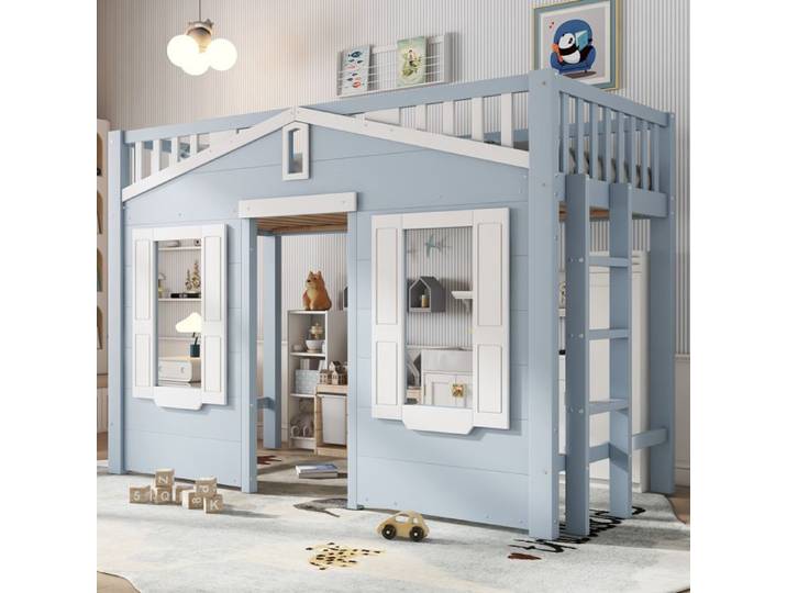 Lit Mezzanine enfant 90x200cm Forme de la maison conception des fenêtres pino + MDF + contreplaqué bleu
