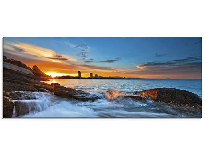 ARTland Wanddeko Glasbilder Wandbild Glas Bild einteilig 125x50 cm Querformat Hua Hin Strand Thailand Südsee Meer Felsen Sonnenuntergang Küste Natur S6EG