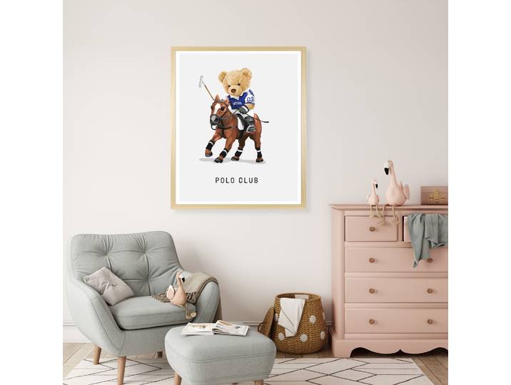 Bild mit Rahmen QUEENCE Polo Club Teddy Bär auf Pferd , weiss (farbe rahmen: beige, farbe bild(er): braun), B:40cm H:50cm T:1,5cm, Acrylglas, Holzrahmen, Bilder, Bild mit Rahmen, HD Premium Poster-Druck inkl. Echtholzrahmen in beige