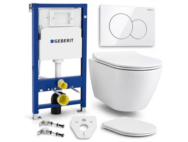 Badland Ensemble WC – Geberit Duofix Basic UP100 + WC mural Desna + plaque de commande Delta01 en blanc + abattant WC fin avec fermeture amortie + tapis d'insonorisation