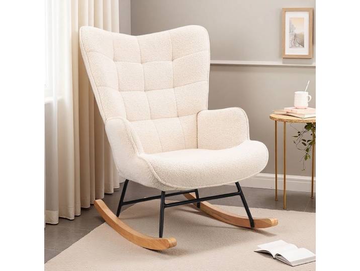 Fauteuil à Bascule ADWOLT rocking chair Velours Teddy Fauteuil de Relaxation Bois et Cadre en Métal chaise a bascule Beige