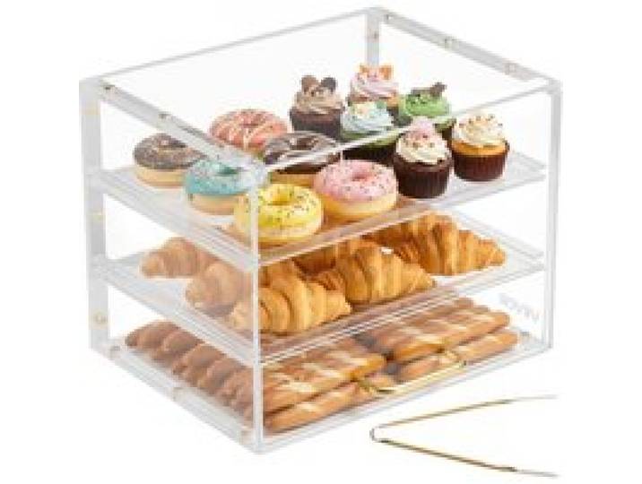 VEVOR Gebäckvitrine 3-stöckig, Gewerbliche Bäckereivitrine aus Transparentem Acryl, Thekenvitrine mit Klapptür & Abnehmbarer Trennwand für Kekse, Desserts und Donuts, 33 x 26 x 26 cm