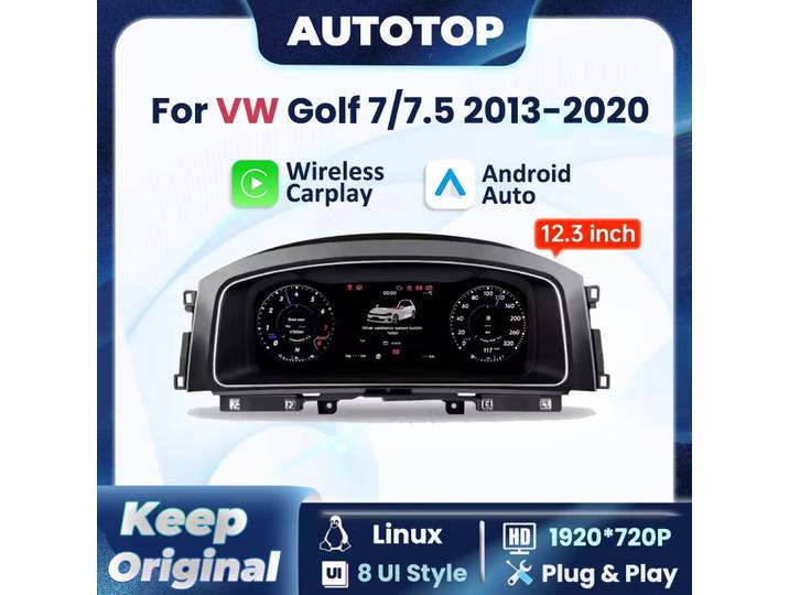 Tableau de bord numérique LCD 12.3 pouces, pour VW Golf 7 MK7 2013 – 2020, sans fil, CarPlay, Android, autoradio, panneau d'instruments, cockpit