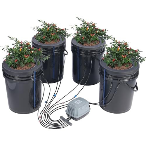 VEVOR DWC Hydrocultuursysteem met top-druppelset, Hydroponisch kweeksysteem met 4 bakken van 19 liter, inclusief luchtpomp, luchtstenen en waterniveau-indicator, zwart