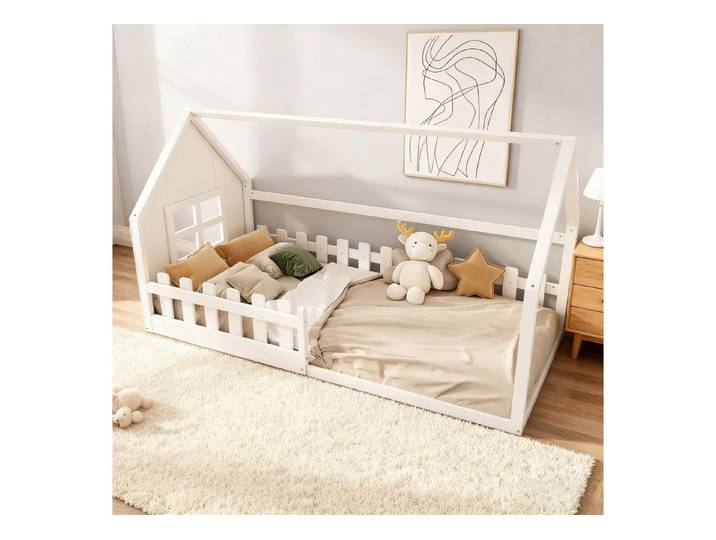 MODFU Kinderbett mit Hausleisten-Design (Holzbett, Flachbett 140x200 cm), ohne Matratze