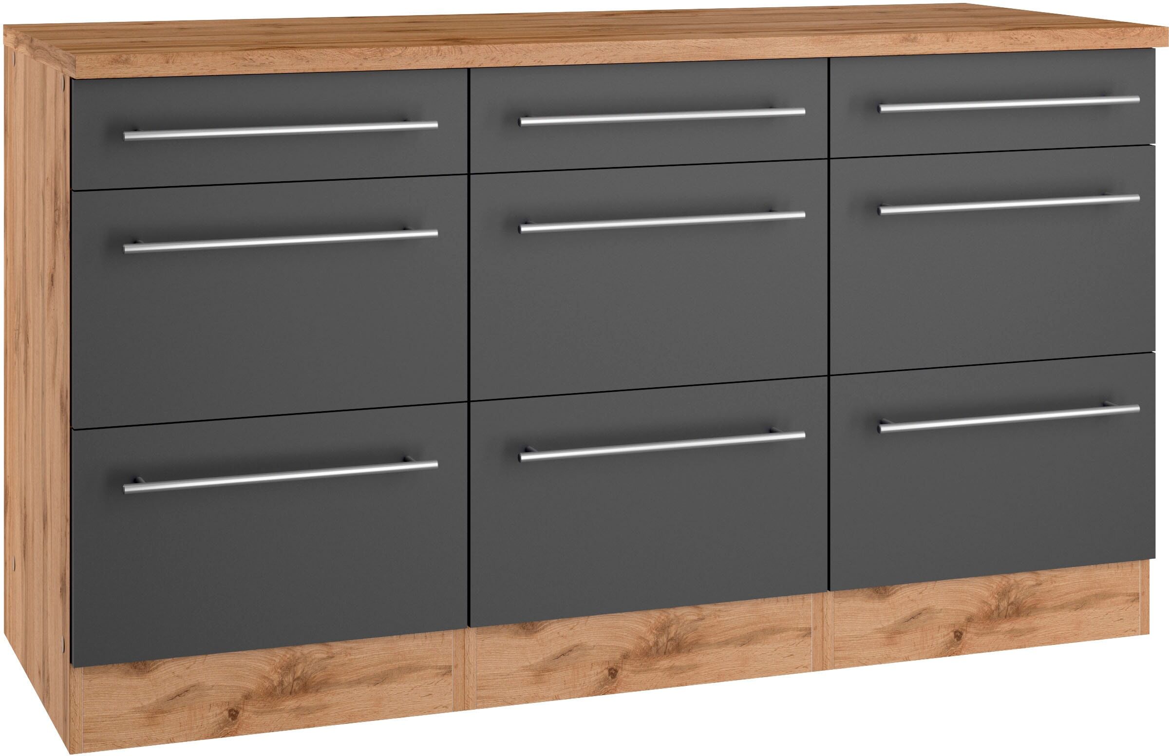 Unterschrank KOCHSTATION "KS-Wien", grau (anthrazit, wotaneiche), B:150cm H:85cm T:60cm, Schränke, Unterschrank, edel aussehende gestiftete Fronten