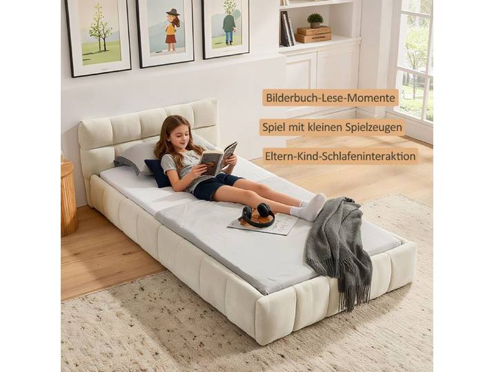 Lit Simple 90x200 cm - Lit Simple Enfant Capitonné avec Chenille Douce et Cadre Bois Écologique Métal - Beige - Sans Matelas