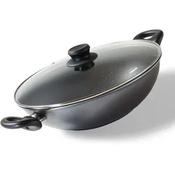 Stoneline Wok 28cm, mit Deckel, Aluguss, Wok Pfanne beschichtet mit echten Steinpartikeln, grau, ohne Fett oder Öl kochen und braten, großer Wok Induktion