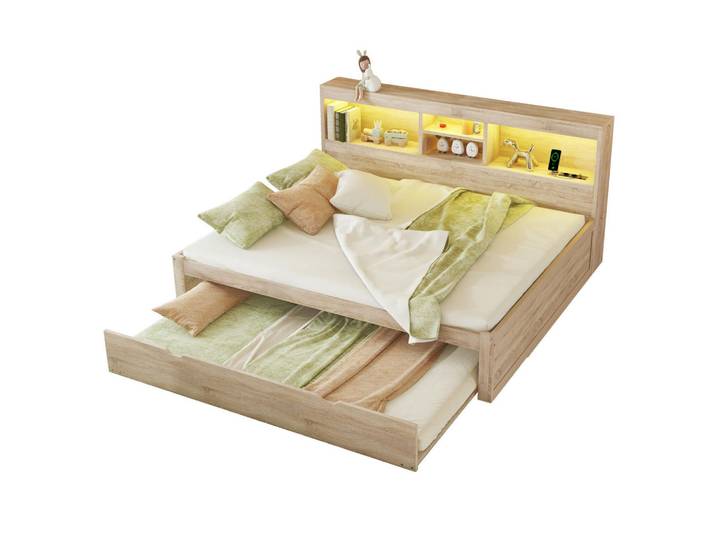 Okwish Multifunktionsbett 140/200 cm Natur mit Ambientebeleuchtung und USB-Anschlüssen, Naturfarben, 140x200 cm, Schlafzimmer, Betten, Polsterbetten